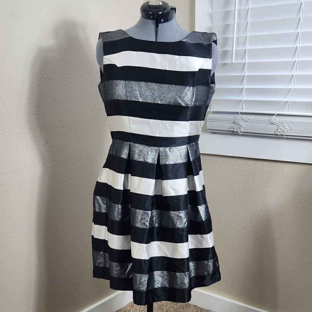 RSVP Striped Dress Silver Black Striped Party Dress Size M EUC